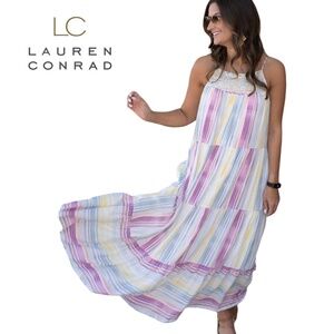 Lauren Conrad Rayon Maxi Dress Boho Tiered Prairie Peasant Pastel Embroidery